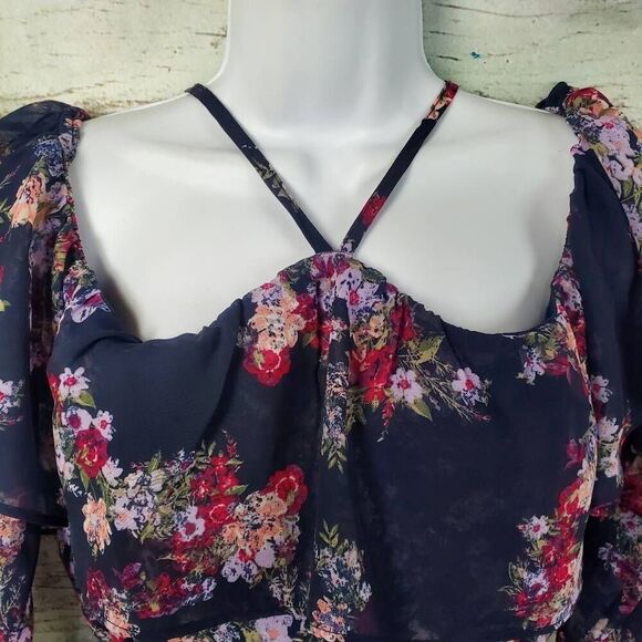 Maurices Women’s S Floral Cold Shoulder Dress Navy Pink Ruffle Off Shoulder Halt - Picture 5 of 12
